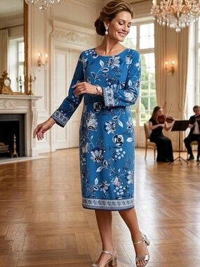 Sandra Darren Floral Dress in Teal Blue